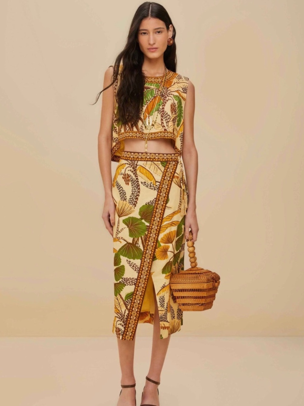 Farm Rio Sand Foliage Sketch Midi Skirt